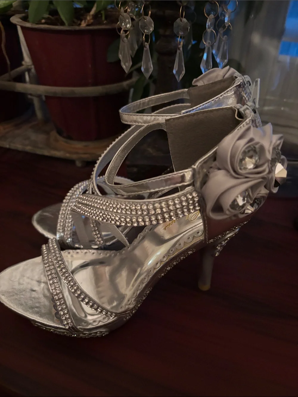 Glamour Silver Crystal-Strap Floral Accent High Heel Sandals